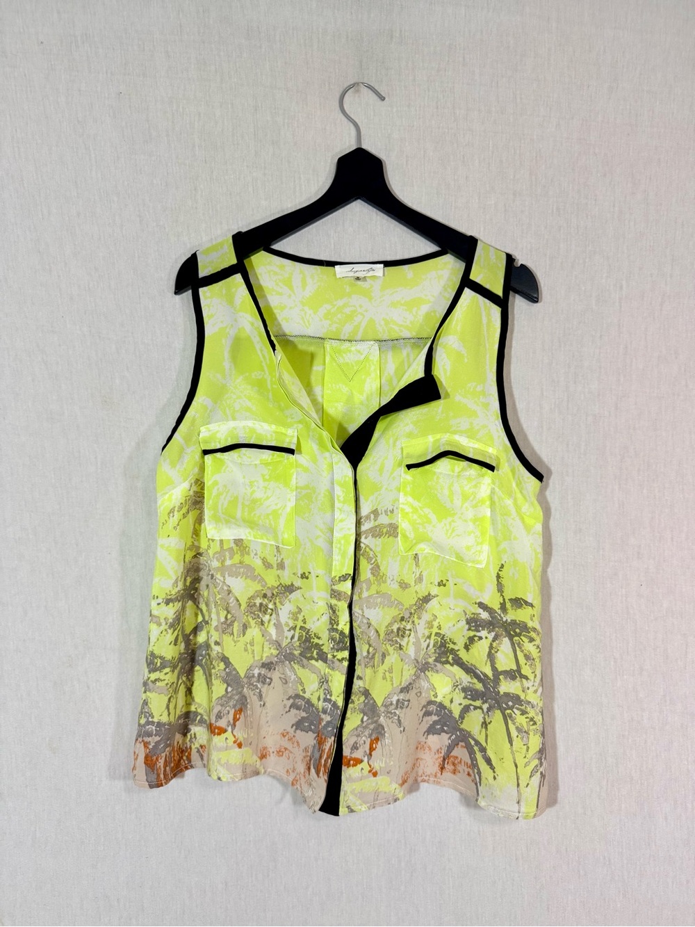 Sugarlips size M 100% Silk Neon Yellow Sleeveless button up tank with Black Trim